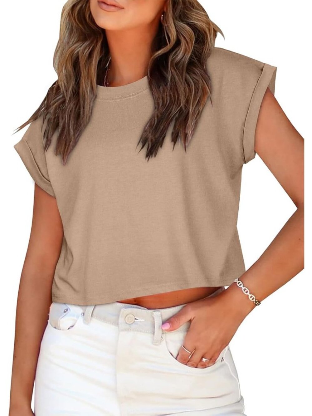 Women's Khaki Crew Neck Cap Sleeves Crop Casual Pull On Basic Tees Shirts